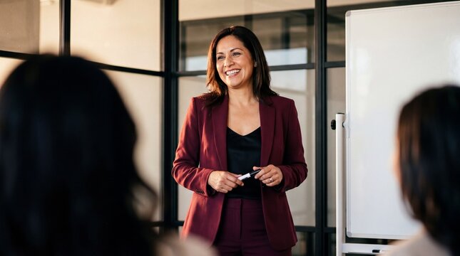 Confident businesswoman in burgundy suit smiling while leading presentation with whiteboard in modern office
