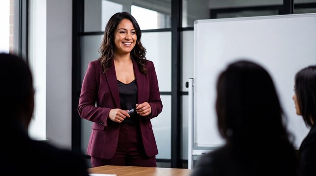 Smiling Hispanic female businesswoman giving presentation in modern meeting room with whiteboard, confident professional tone and warm expression