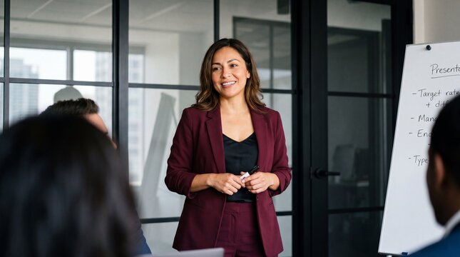 Confident Hispanic female business leader presenting to colleagues in modern meeting room, smiling and engaging while standing by whiteboard