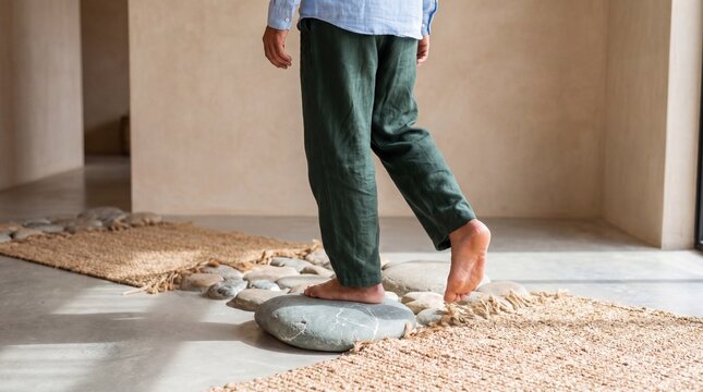 Barefoot person walking on smooth stepping stones across minimalist indoor path with woven rugs, warm light and calm atmosphere conveying relaxation and mindful movement