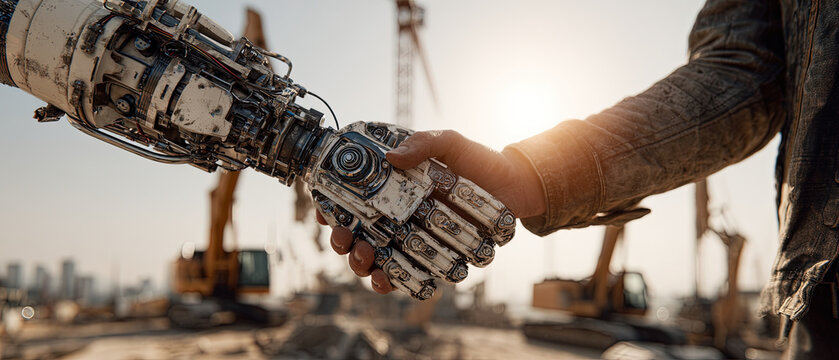 Futuristic handshake between human and robot on a construction site at sunset, symbolizing technology collaboration and innovation in industry.