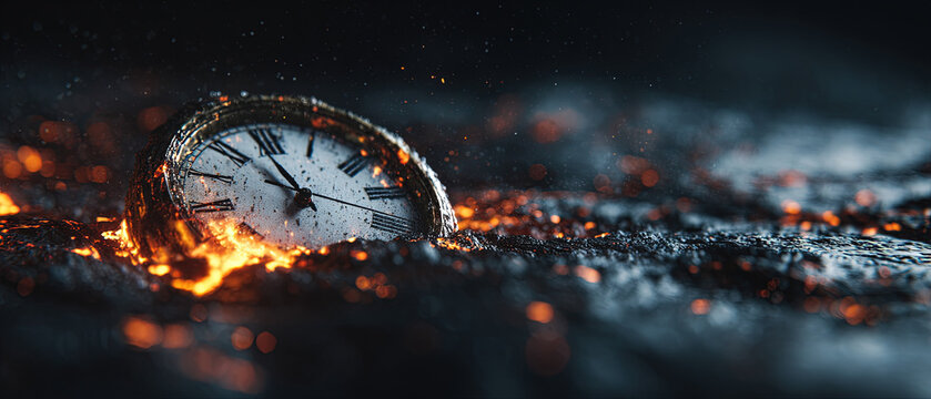 A classic analog clock partially submerged in glowing lava, symbolizing the passage of time under intense heat. Dramatic lighting and vibrant contrast create a striking visual.