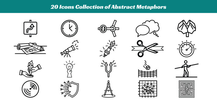 Collection of diverse abstract metaphors and symbolic icons in monochrome style
