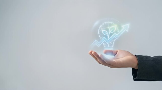 A blurred background reveals a hand gracefully entering the frame, poised to touch a floating holographic light bulb symbolizing innovation and growth. The light bulb glows gently as it begins to anim