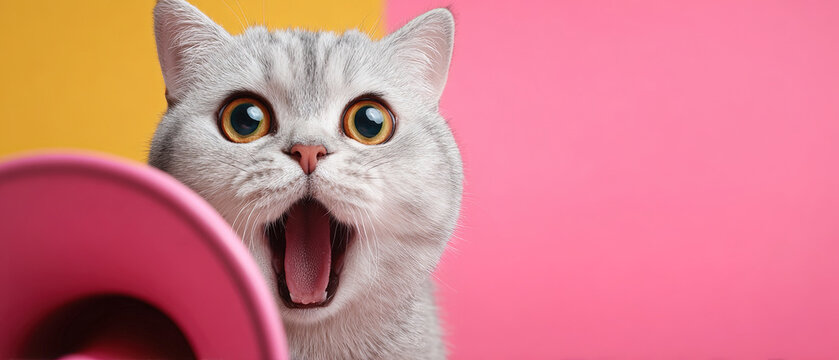 Close-up of a wide-eyed cat with open mouth, set against a vibrant pink and yellow background. Perfect for playful, creative, or pet-themed projects.