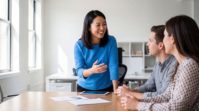 Smiling businesswoman leading meeting and presenting ideas to colleagues in bright modern office, confident collaborative discussion with documents and tablet on table