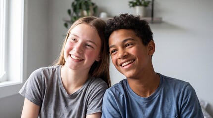 Obraz premium Teenage siblings smiling together by window, natural light, casual clothing, warm friendly mood, home interior, houseplant in background