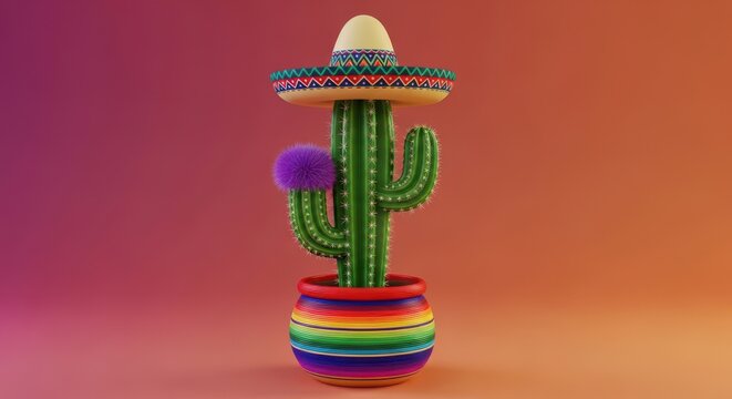 Sombrero-topped cactus in a colorful striped pot with a fuzzy ball