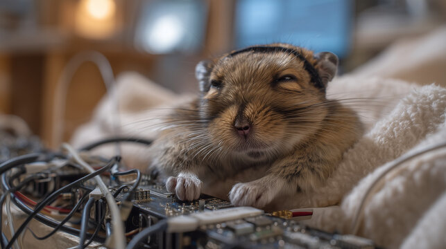 Graduate researcher adjusts fiber optic patch cable on anesthetized rodent head mount inside Faraday cage, optogenetics cortical recording in vivo brain stimulation neuroscience animal research elec