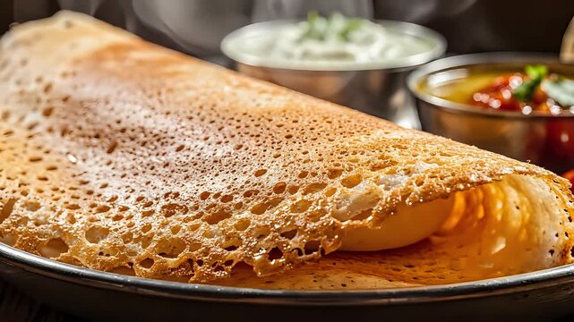 Delicious Masala Dosa served with Sambar and Coconut Chutney.