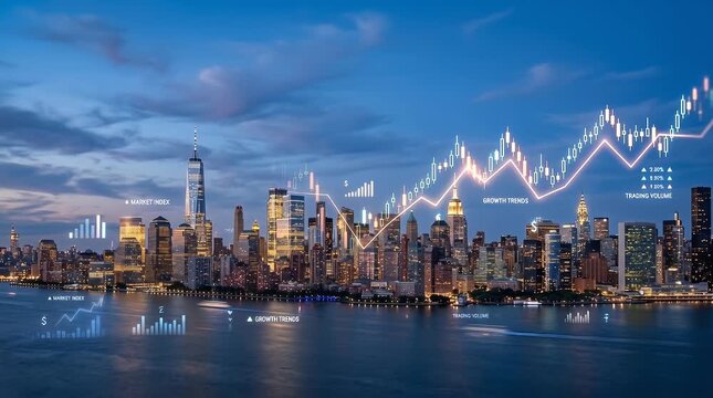 A stunning twilight view of the New York City skyline serves as the backdrop, illuminated by the soft glow of city lights against a deepening blue sky. Gradually, financial icons and dynamic graphs em