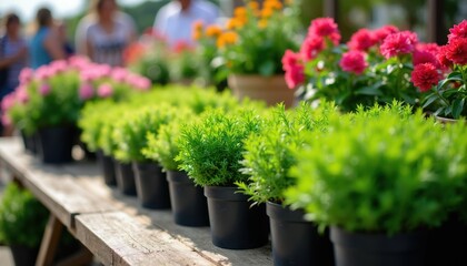 Fototapeta premium Assorted potted plants displayed on wooden bench at outdoor market. Shoppers browse colorful flowers herbs greenery in spring. Retail setting offers fresh flora for sale.