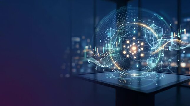 The scene opens in a dimly lit modern office with a sleek table, showcasing a holographic interface glowing softly. As the camera begins a gentle push-in, vibrant holographic data elements slowly emer