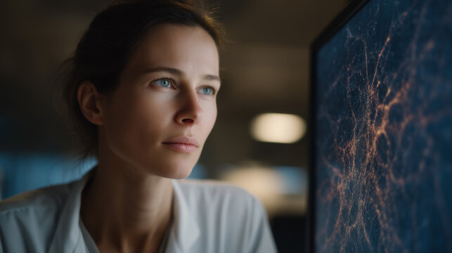 Nanoscale scanning electron microscope image of amyloid beta plaque fibrils on monitor in dark lab, researcher's face reflected in screen glow, Alzheimer protein accumulation ultrastructure imaging 