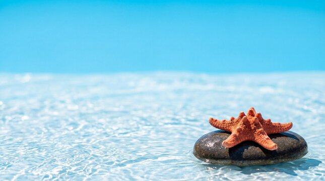 Orange starfish on a smooth stone in crystal clear water for summer