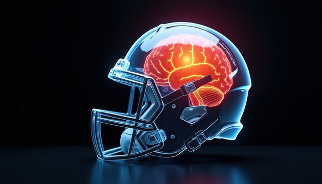 American football helmet with glowing brain inside indicating head injury risk. This graphic visualizes sport impact on brain. Safety awareness for athletes.