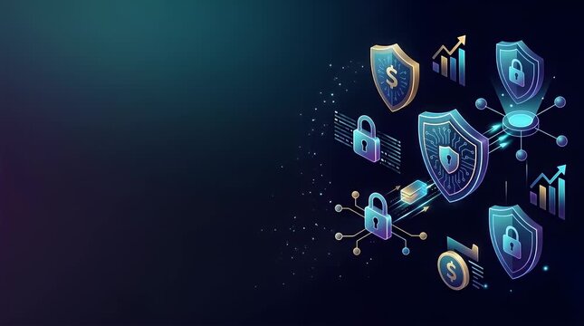 The scene opens in a dimly lit environment with a soft ambient glow illuminating floating security icons. Digital particles gently drift in, leading to the assembly of a glowing lock and shield icon, 