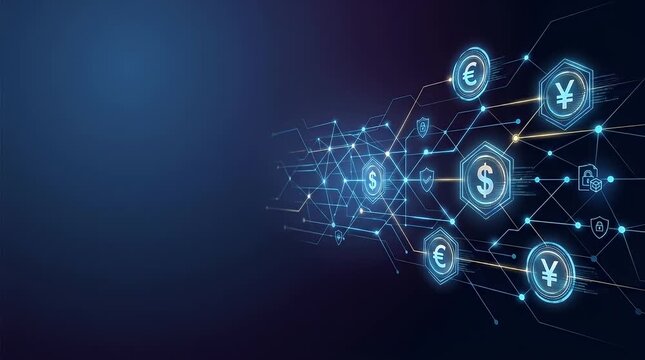 The scene opens in a dimly lit environment, showcasing a dark background with faint ambient glow. Digital particles slowly drift in as holographic currency symbols begin to assemble, creating a networ