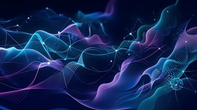 The scene opens in a dark ambient environment, featuring soft glowing digital waves with intricate geometric patterns in a spectrum of blue and purple hues. As the motion begins, subtle digital partic