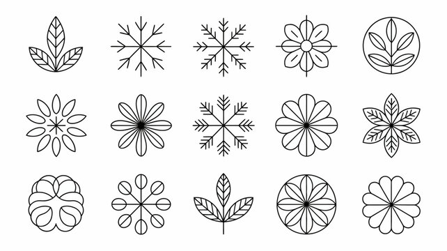 A collection of delicate minimalistic line drawings showcases floral and snowflake motifs arranged in a grid like pattern on a white background high quality professional detailed