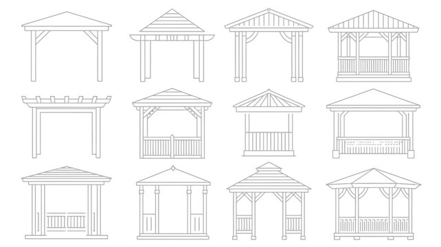 A collection of twelve different gazebo and pergola designs are shown as line drawings each with varying roof styles and structures high quality professional detailed modern