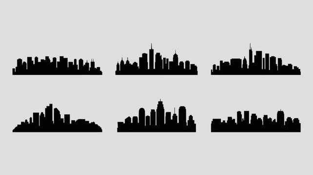 A collection of six black silhouettes depicts diverse city skylines against a plain light gray background showcasing urban landscapes high quality professional detailed modern elegant stylish