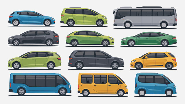 A colorful collection of various vehicle types are displayed in a grid arrangement including cars vans and small passenger transports high quality professional detailed modern elegant