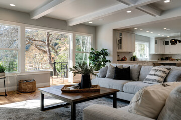 Fototapeta premium This elegantly designed living area features modern furnishings, neutral tones, and a beautiful view, merging nature with interior comfort, ideal for relaxation and gatherings.