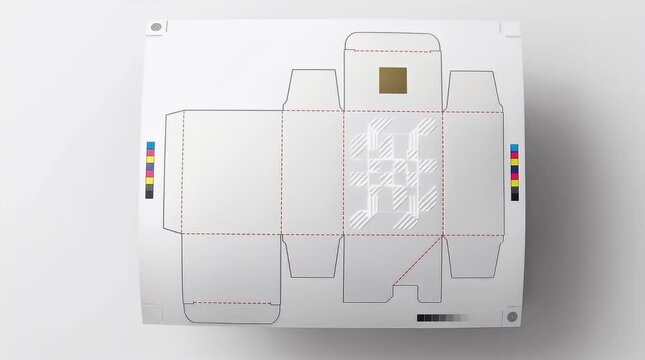 This image begins with a clean, minimalist packaging design template displayed prominently against a bright, white background. Soft shadows gently emerge as the template subtly lifts, creating a three