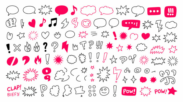 A collection of hand drawn speech bubbles musical notes stars and various expressive symbols in pink and black high quality professional detailed modern elegant stylish clean