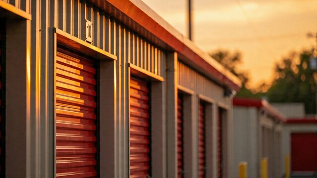 Storage units with metal doors and red accents under a sunset sky. The scene captures a quiet moment in a storage facility.