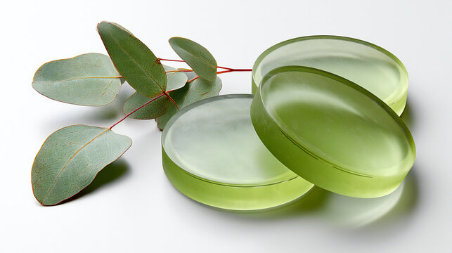 Glossy green eucalyptus lozenges with fresh eucalyptus leaves isolated on white background. Natural throat care concept for cough relief, fresh breath, wellness support, and herbal medicine.