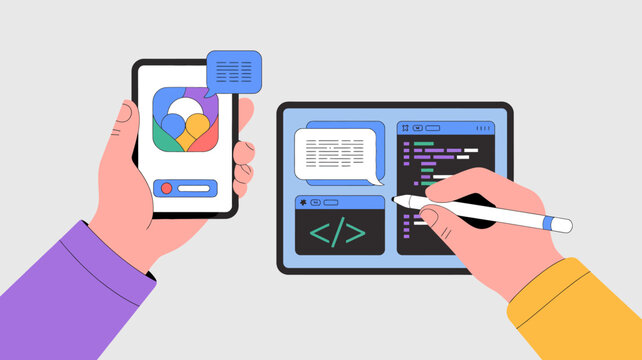 Hands holding a smartphone displaying an app and a tablet with code visible representing mobile app development high quality professional detailed modern elegant stylish clean crisp