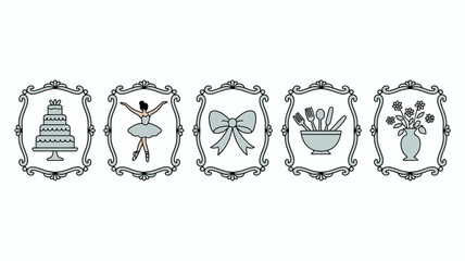 A series of five ornate grey illustrations depict a tiered cake ballerina bow dining utensils and a floral arrangement high quality professional detailed modern elegant stylish © Peradox