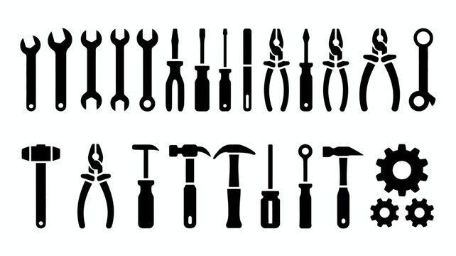 A collection of black silhouette tools is displayed including wrenches screwdrivers pliers hammers and various other hardware implements high quality professional detailed modern elegant stylish clean