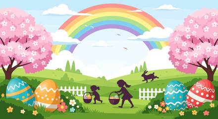 Naklejka premium Colorful vector illustration of abstract Easter scene with a rainbow, decorated eggs, and children gathering eggs in a modern digital art style for a festive background