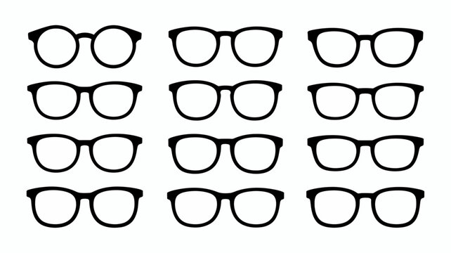 A collection of twelve different black eyeglasses are displayed against a plain white background in a grid pattern high quality professional detailed modern elegant stylish clean