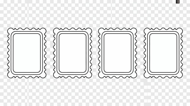Four blank postage stamps are arranged in a horizontal row against a transparent background showcasing a simple decorative border design high quality professional detailed modern elegant
