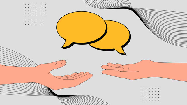 An illustration depicts two yellow speech bubbles above open hands suggesting communication dialogue or the exchange of ideas high quality professional detailed modern elegant stylish clean
