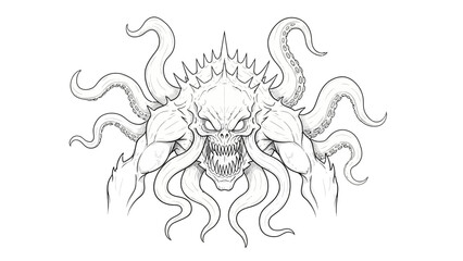 Fototapeta premium Black and white line art of a monstrous skull creature with many tentacles