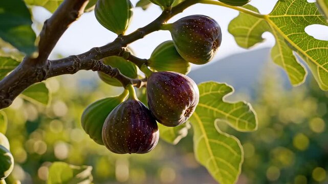 Fresh ripe purple figs hanging on a tree branch in a sunny organic orchard.