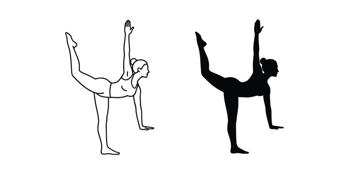 Woman performing half moon yoga pose, outline and silhouette