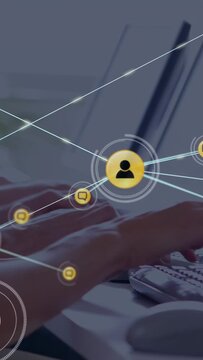 Vertical video: User icon popping over hands, hands typing, lines radiating, showing network
