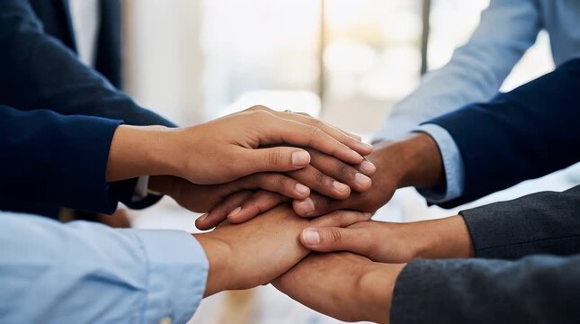 This image opens with a close-up of several diverse hands stacked together on a polished wooden table, symbolizing teamwork and collaboration. Slowly, the hands begin to subtly shift, with fingers gen