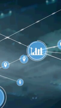 Vertical video: Central blue node appearing, HUD nodes extending lines, adding icons, showing flow