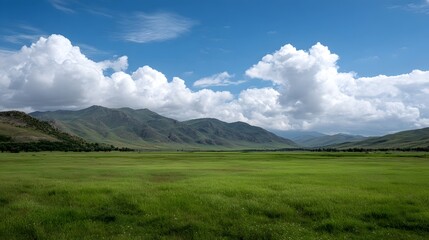 Naklejka premium A sweeping vista of a lush green meadow set against distant rolling mountains under a dramatic blue sky