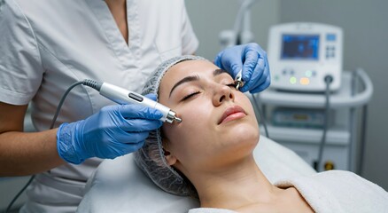 Naklejka premium Woman receiving facial treatment by esthetician. Beauty clinic procedure for skin rejuvenation and care. Modern cosmetology concept.