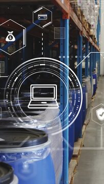 Vertical video: Warehouse staff entering right and inspecting aisle, HUD tracking drums and stock