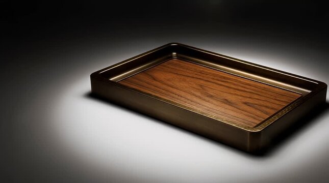 This image is the starting state, showcasing a minimalist wooden tray with an elegant design against a soft white background. As the video begins, subtle light reflections start to dance across the su