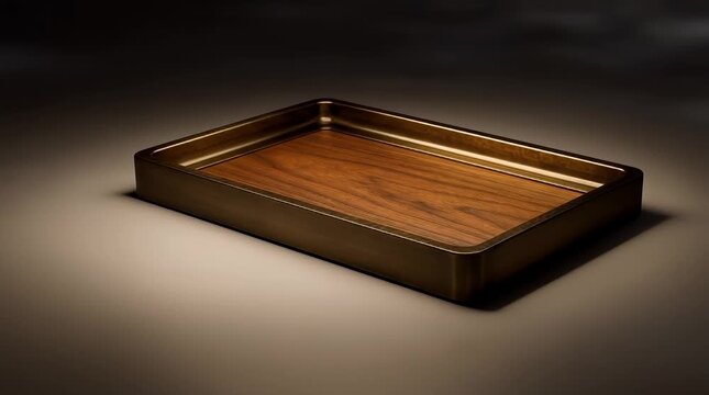 This image is the starting state, showcasing a minimalist wooden tray with an elegant design against a soft white background. As the video begins, subtle light reflections start to dance across the su